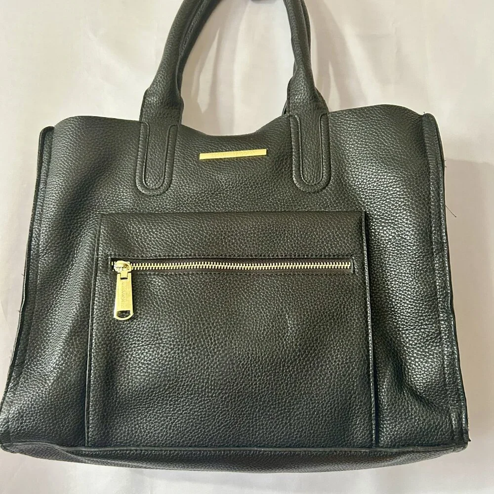 Steve Madden Black Faux Leather Laptop Tote, Gold Zip Front, Work Bag